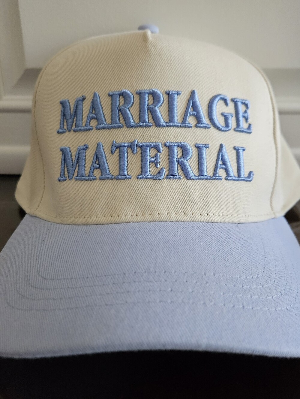 'Marriage Material' Embroidered Baseball Cap - Cream & Light Blue